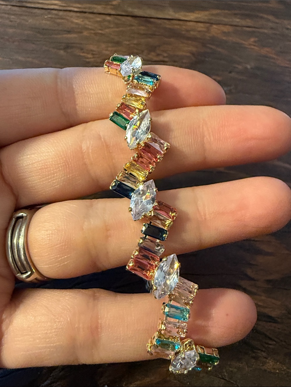 Gold Plated Multicolor Crystal Tennis Bracelet  7”